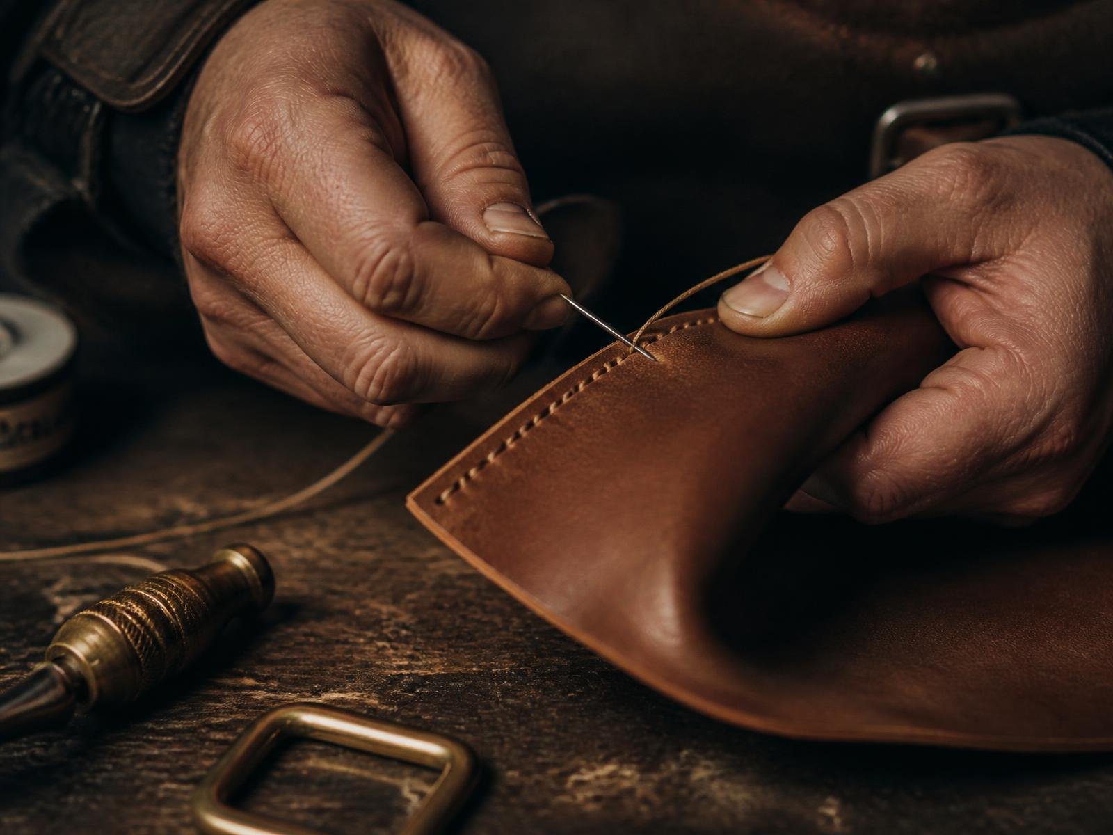 Artisan hand-stitching a panel of cognac leather