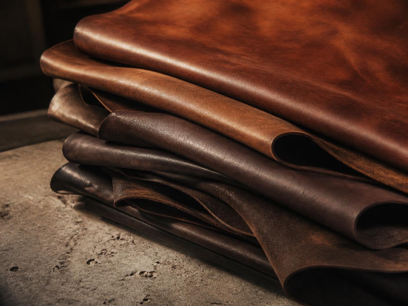 Stacked tanned leather hides in cognac and espresso tones