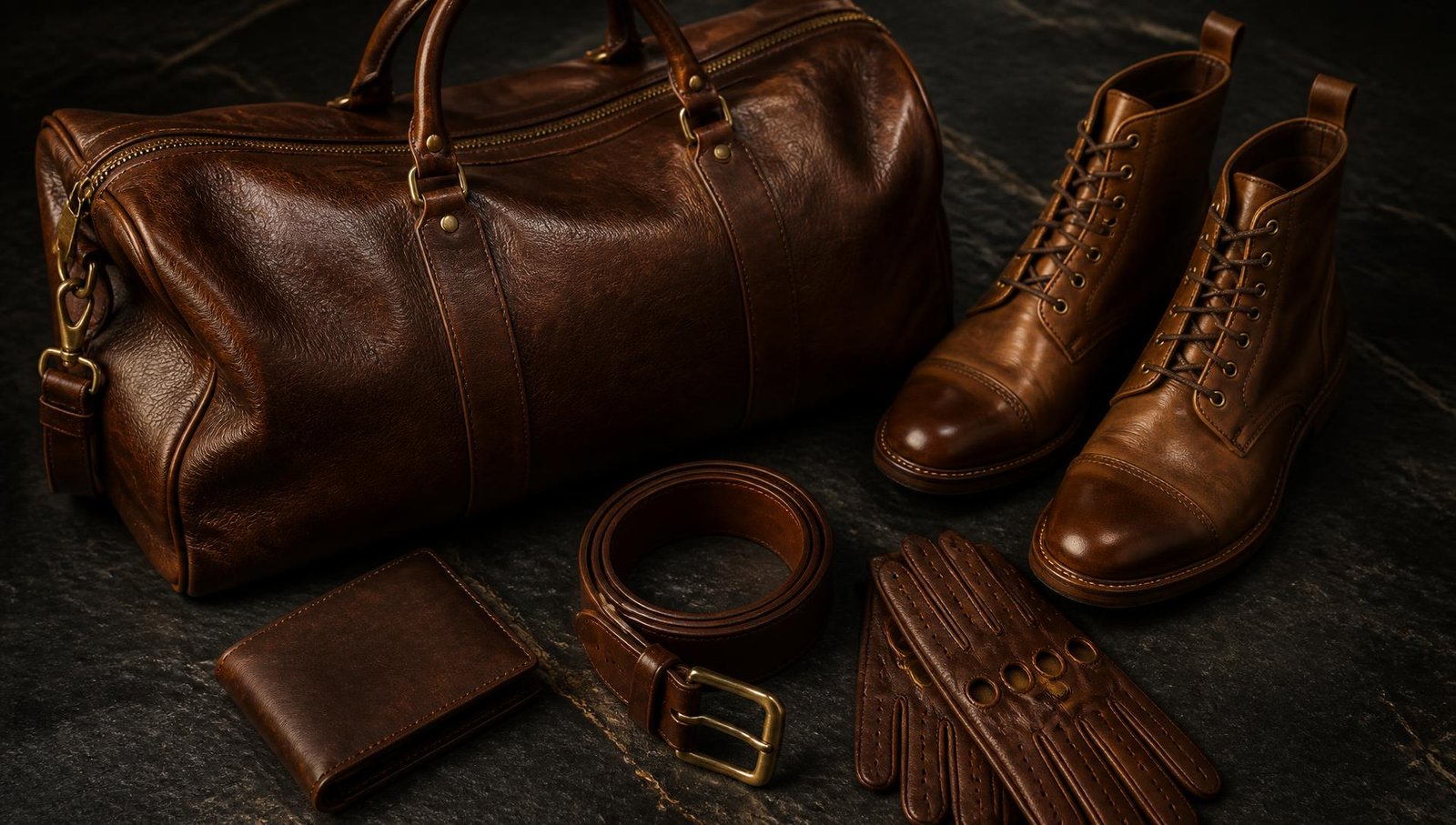 Brass, Bridle Leather, Patina.