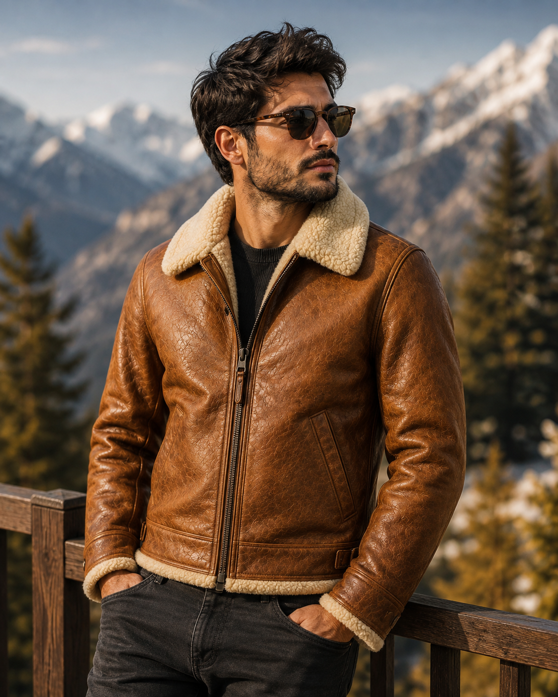 Men’s Brown Leather Shearling Aviator Jacket