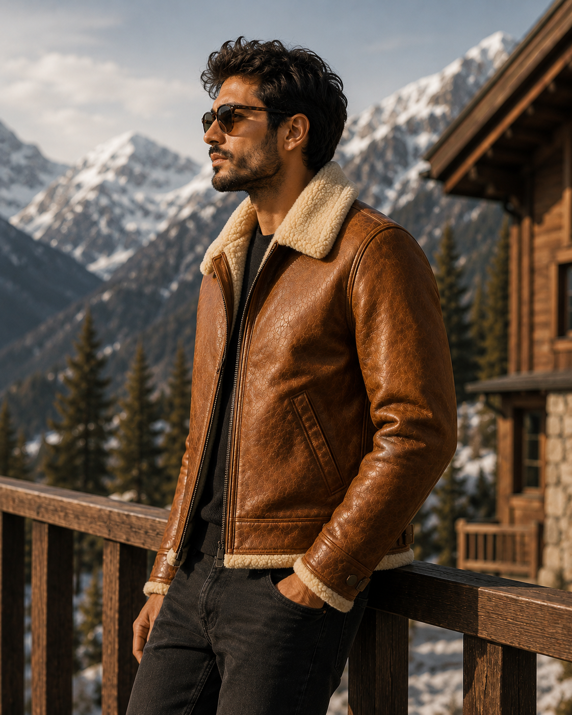 Men’s Brown Leather Shearling Aviator Jacket - Image 3