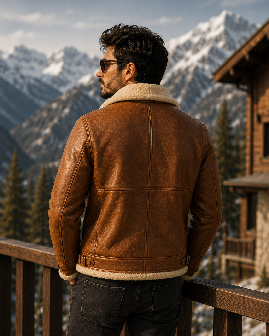 Men’s Brown Leather Shearling Aviator Jacket - Image 2