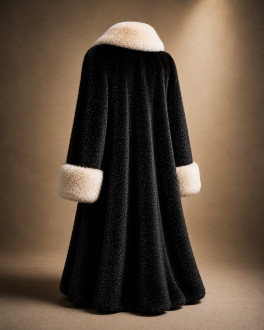 Luxury Black Fur Coat with Ivory Collar & Cuffs 2
