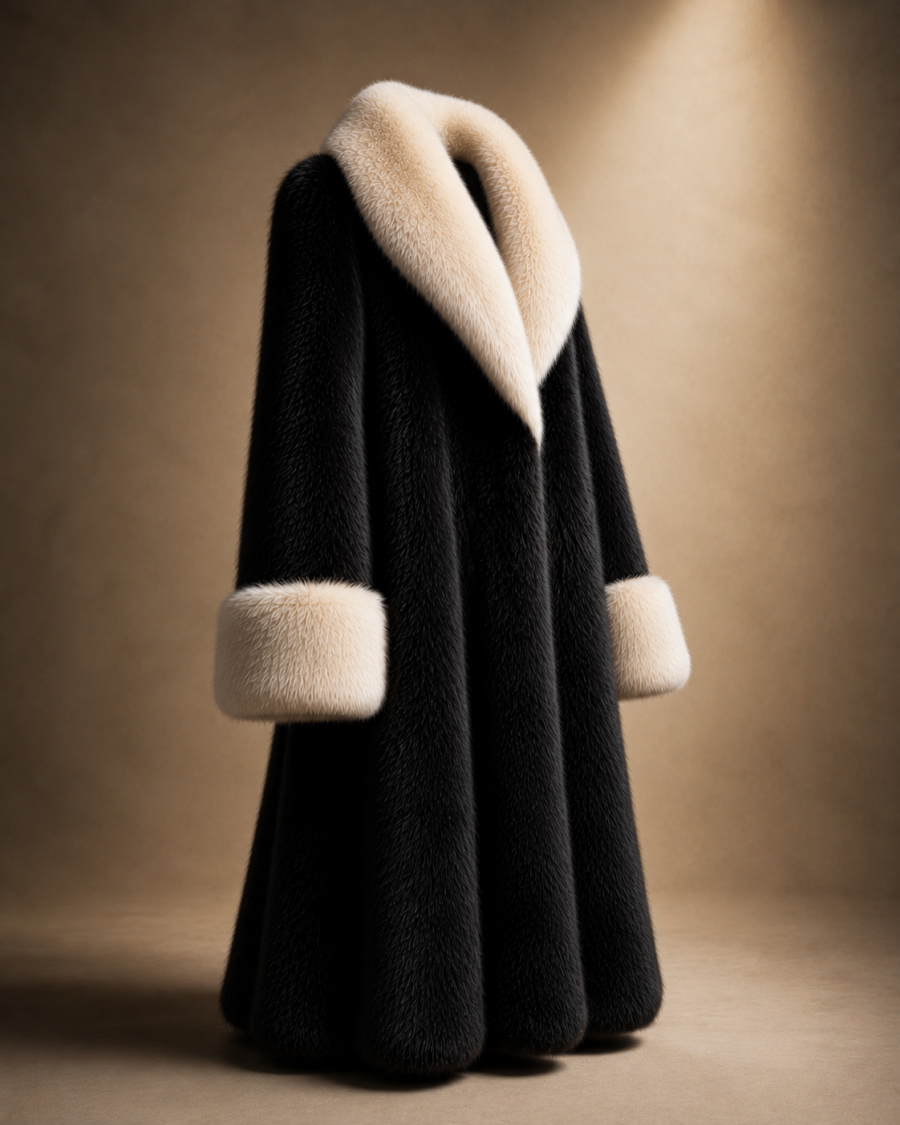 Luxury Black Fur Coat with Ivory Collar & Cuffs 3