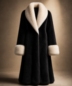 Luxury Black Fur Coat with Ivory Collar & Cuffs