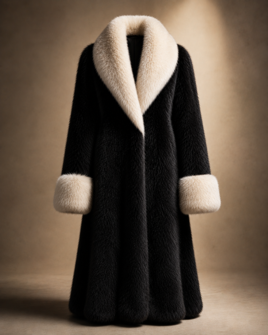 Luxury Black Fur Coat with Ivory Collar & Cuffs