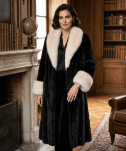 Elegant Black Faux Fur Long Coat with Cream Collar