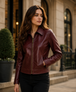 Women’s Burgundy Embossed Leather Jacket