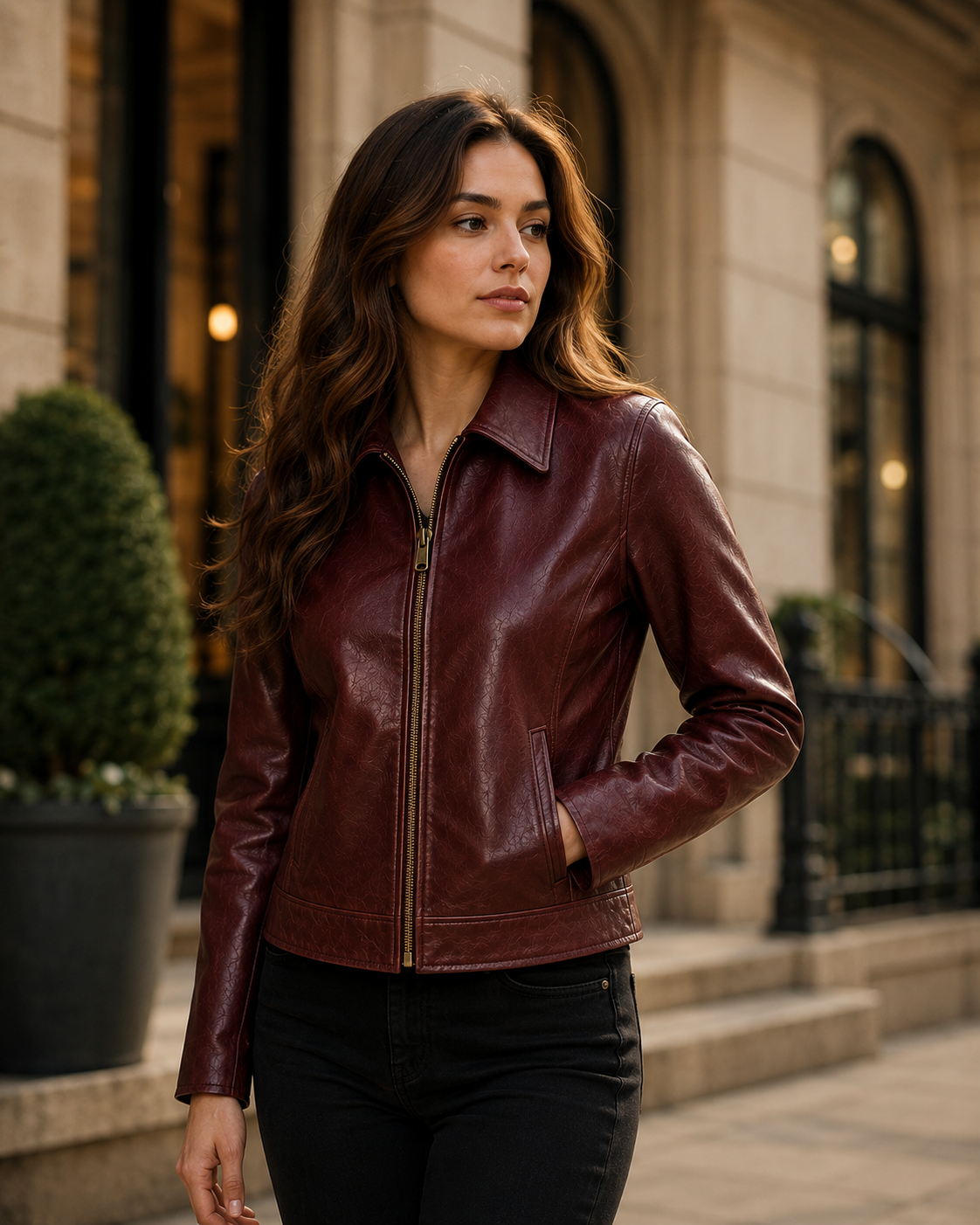 Women’s Burgundy Embossed Leather Jacket