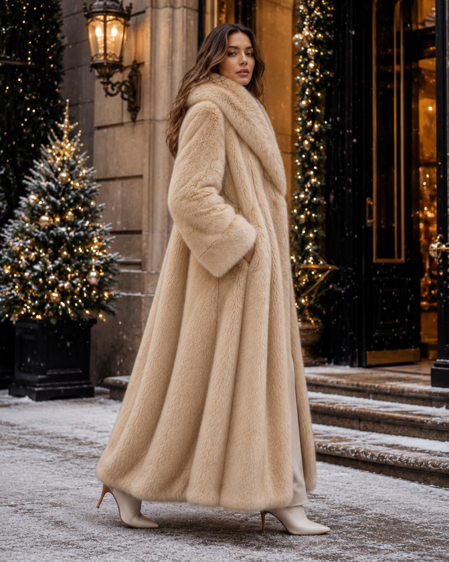 Women's Luxury Cream Faux Fur Long Coat 3